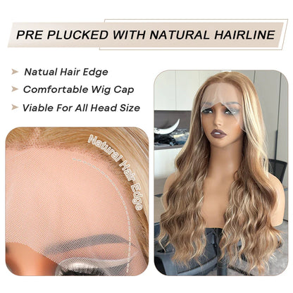 Exquisite details of the body wave ombre lace front wig in luxurious honey blonde, showcasing fine Swiss lace construction.