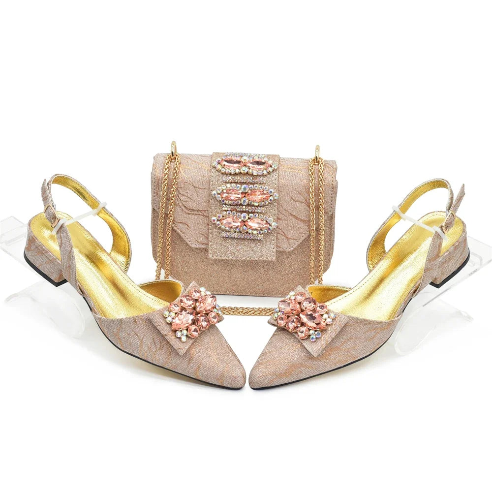 Exquisite champagne-coloured women's shoe and bag ensemble, ideal for special events and formal gatherings.