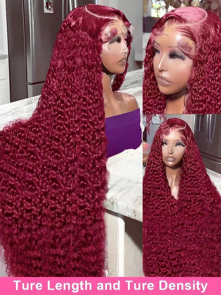 Stunning close-up of a 36 inch HD lace frontal wig with luscious water wave curls in burgundy red wine, designed to complement any luxurious hairstyle.