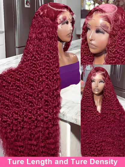 Stunning close-up of a 36 inch HD lace frontal wig with luscious water wave curls in burgundy red wine, designed to complement any luxurious hairstyle.