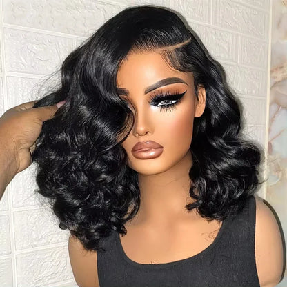 Luxury 13x4 Short Body Wave Lace Frontal Bob Wig, crafted from 200% density Brazilian Remy human hair with a transparent lace, perfect for a chic, elegant look in 12-14 inch length.
