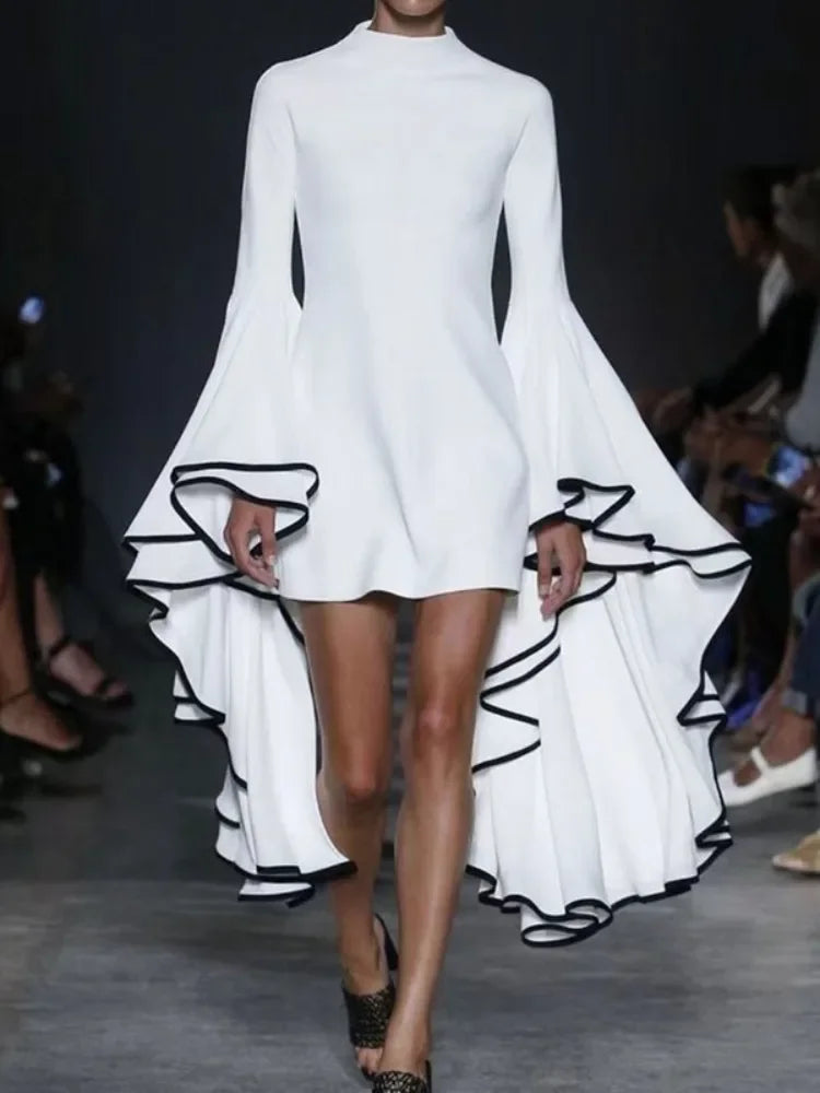 Elegant A-line mini dress for women, featuring flared sleeves, a stand collar, and a slim fit in pristine white, ideal for autumn fashion.