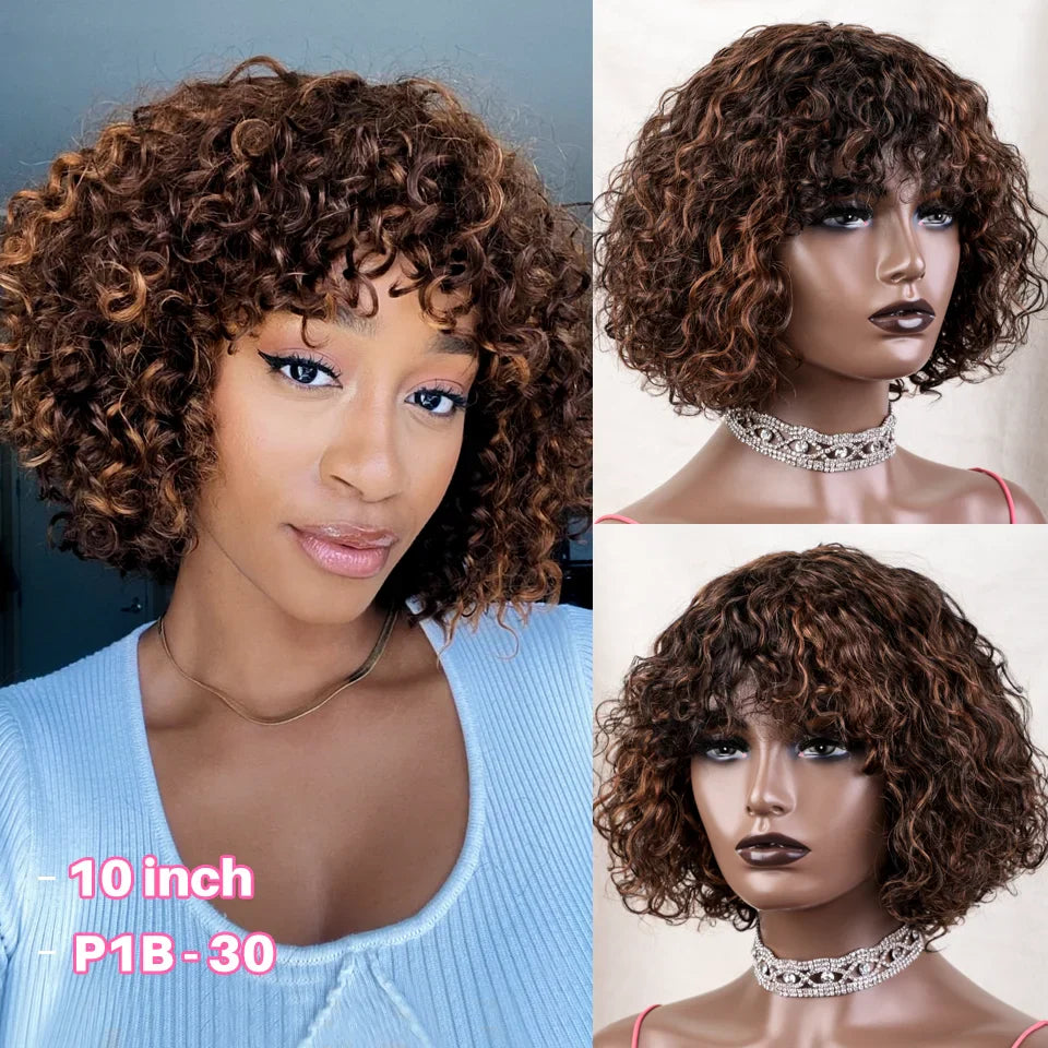 Elegant Peruvian Human Hair Wig featuring a stunning Jerry Curly Short Pixie Bob Cut with Bangs, designed to exude luxury and style while highlighting the exquisite wet and wavy texture.
