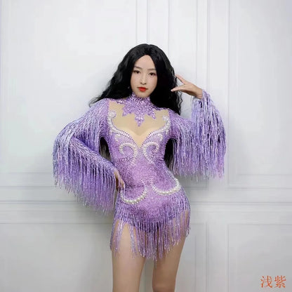 Elegant luxury women's cha-cha dance practice suit featuring a slim stretch skirt and eye-catching fringe design with pearl accents.