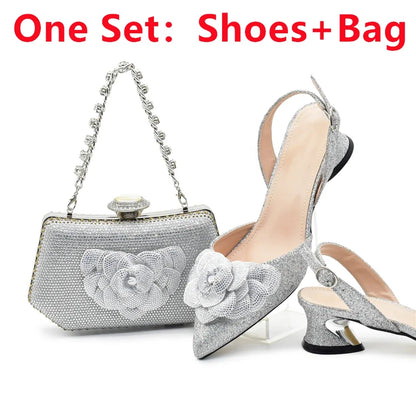 Showcasing the exquisite craftsmanship of high heel party pumps, part of the Elegant Ladies Rhinestone Shoe and Bag Set, designed with elegance for every outfit.