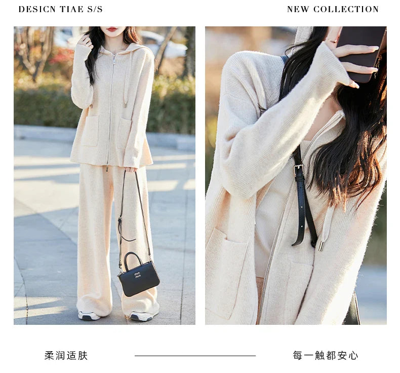 Full-length wide leg pants in a solid colour, offering a comfortable mid-waist fit, exceptionally paired with a luxurious cardigan.