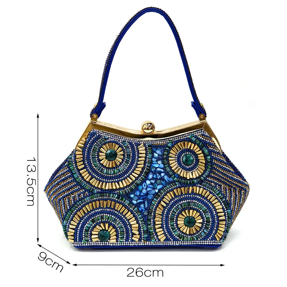 Fashion-forward handbag set in gold and black, complemented by pointed toe pumps, ideal for evening soirées and special occasions.