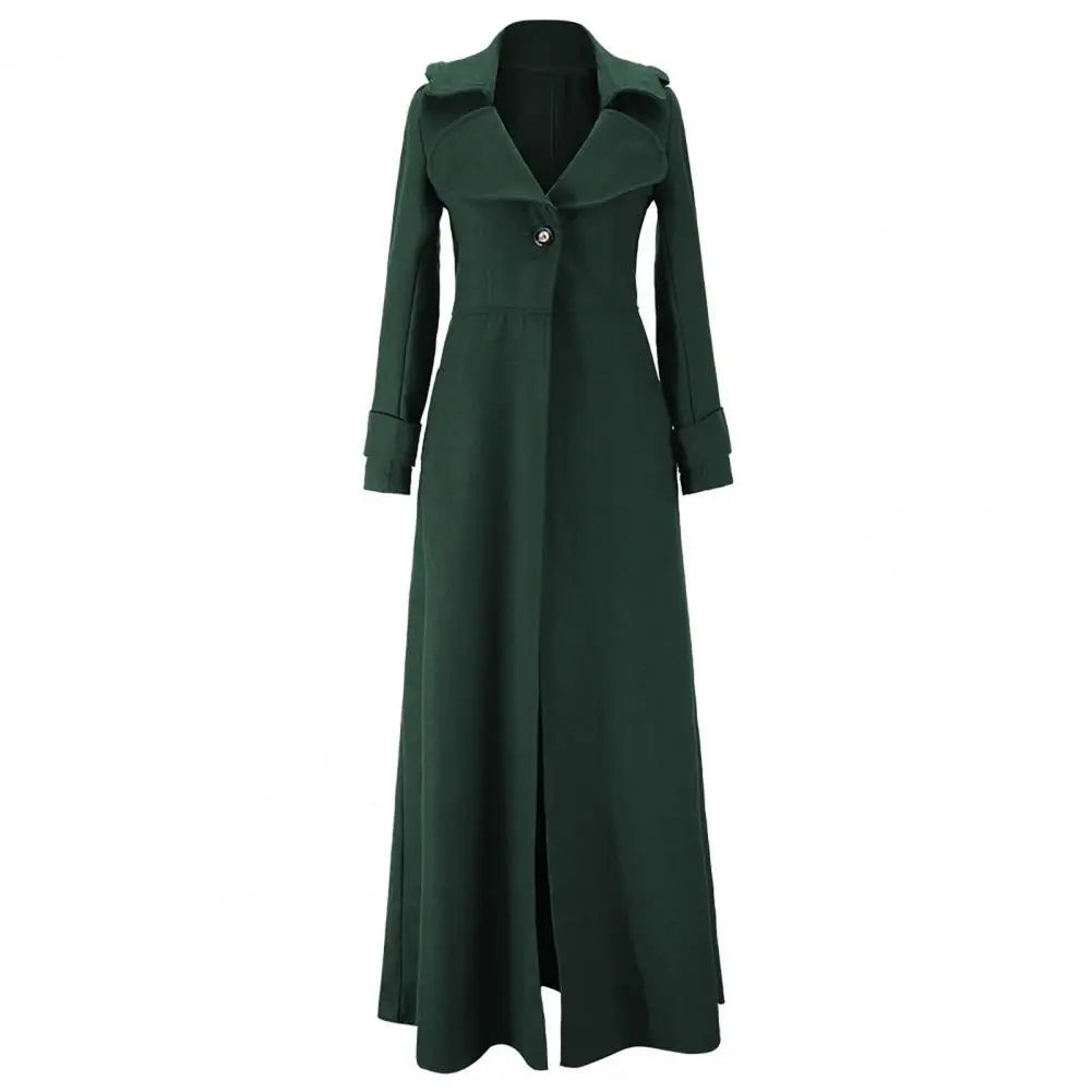 Luxurious women's woolen long trench coat featuring a sophisticated single button closure and elegant turn-down collar, perfect for winter fashion.