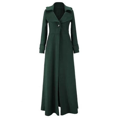 Luxurious women's woolen long trench coat featuring a sophisticated single button closure and elegant turn-down collar, perfect for winter fashion.