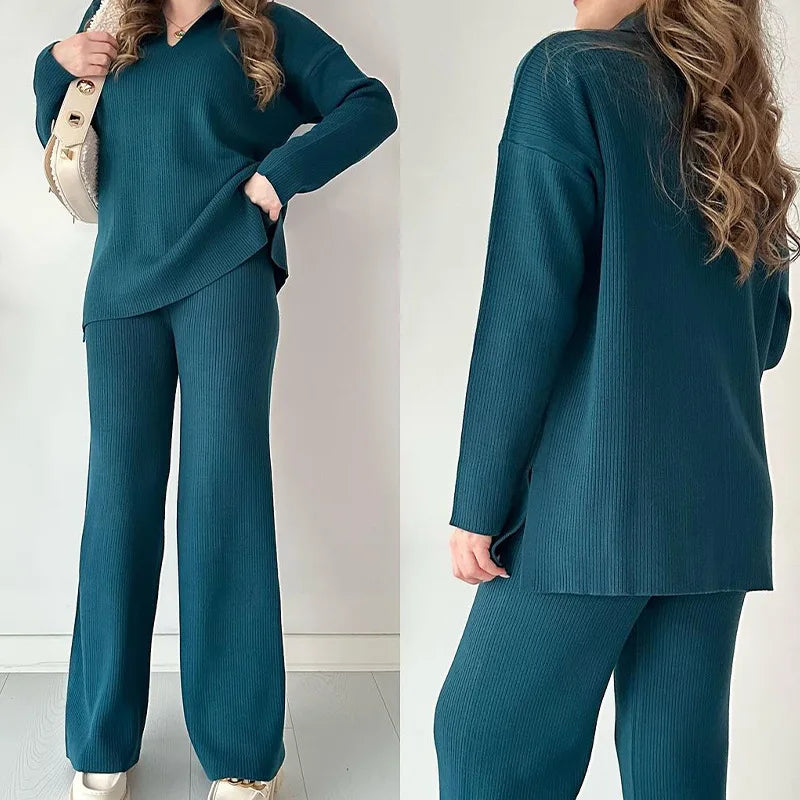 Luxurious women's oversized knitted 2-piece set featuring a solid V-neck pullover and wide leg pants, perfect for a chic casual autumn or winter outfit.