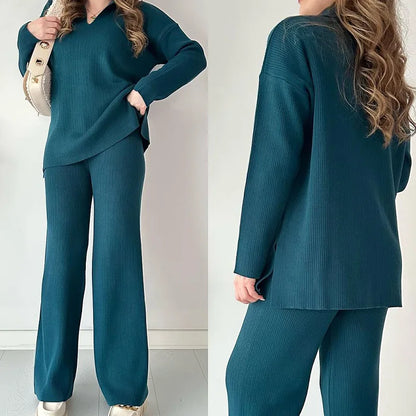 Luxurious women's oversized knitted 2-piece set featuring a solid V-neck pullover and wide leg pants, perfect for a chic casual autumn or winter outfit.