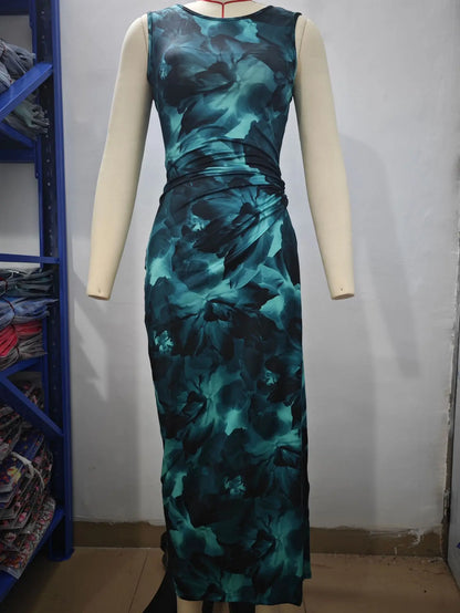 Luxurious polyester sheath dress showcasing a refined print, crafted for middle-aged women looking for effortless style.