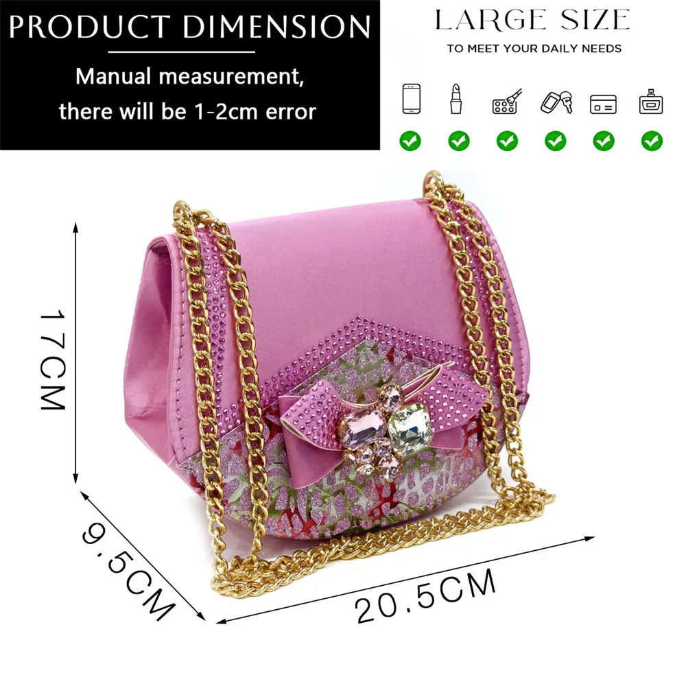 Fashionable women’s handbag featuring a metal handle and rhinestone embellishments, a perfect accessory for upscale events.