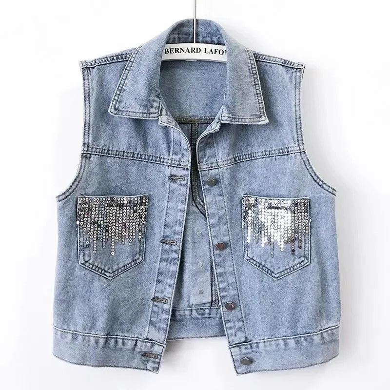 Women's luxurious sleeveless sequin denim vest jacket in pristine condition designed for summer and autumn, featuring stylish pockets.