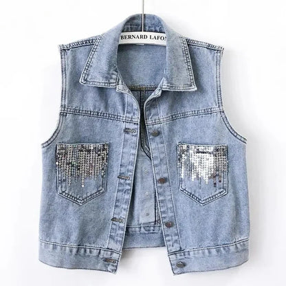 Women's luxurious sleeveless sequin denim vest jacket in pristine condition designed for summer and autumn, featuring stylish pockets.