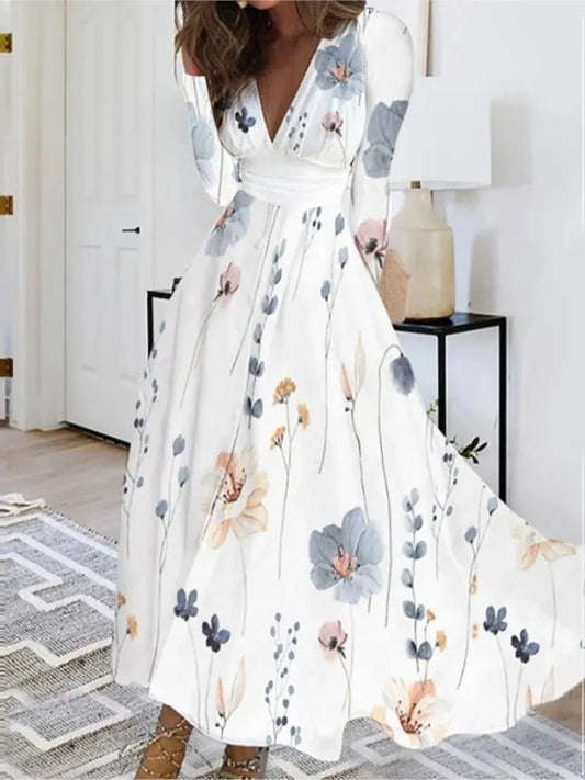 Elegant autumn floral maxi dress for women featuring a deep V-neckline and long sleeves, showcasing a slim casual A-line design.