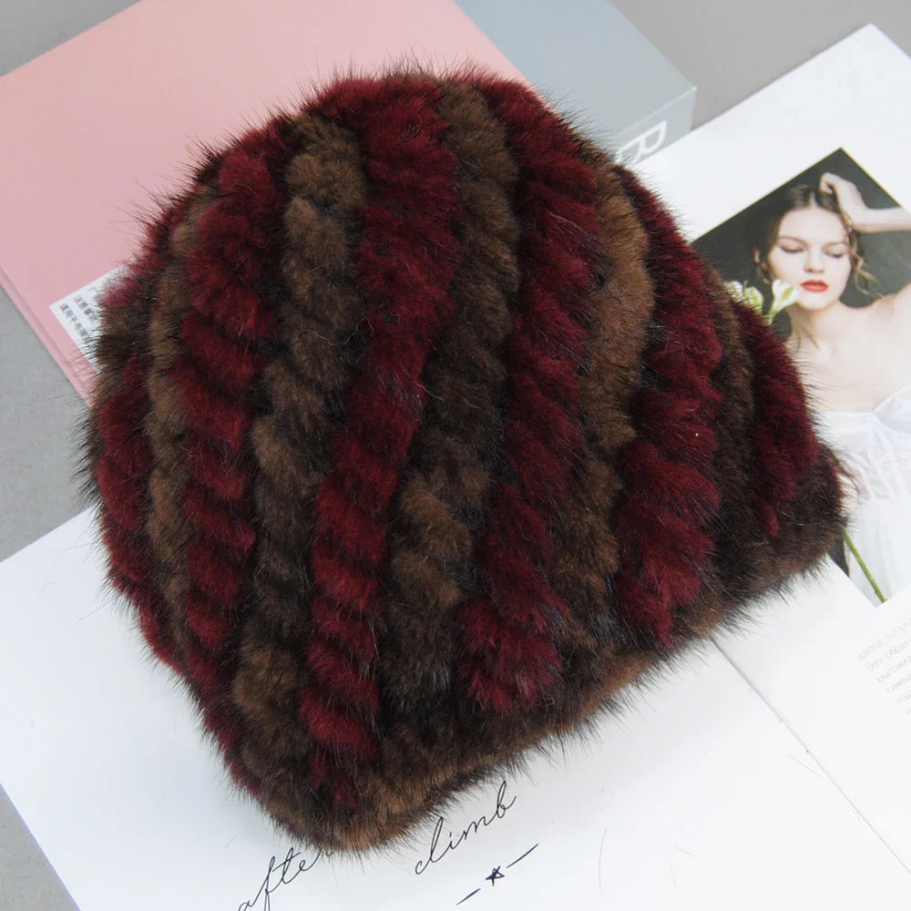 Luxury women's winter beanie crafted from 100% natural mink faux fur, embodying style and warmth.