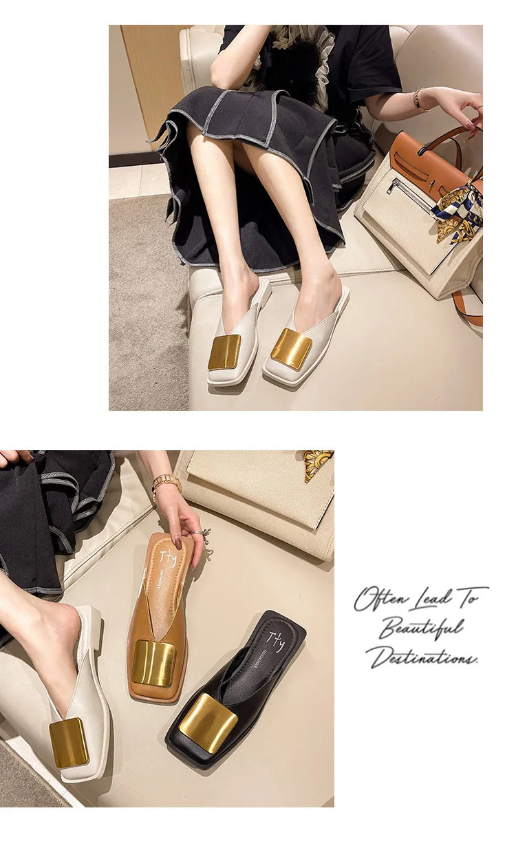 Chic summer slippers designed for women, combining comfort and luxury with a modern style highlighted by a shimmering metal buckle.