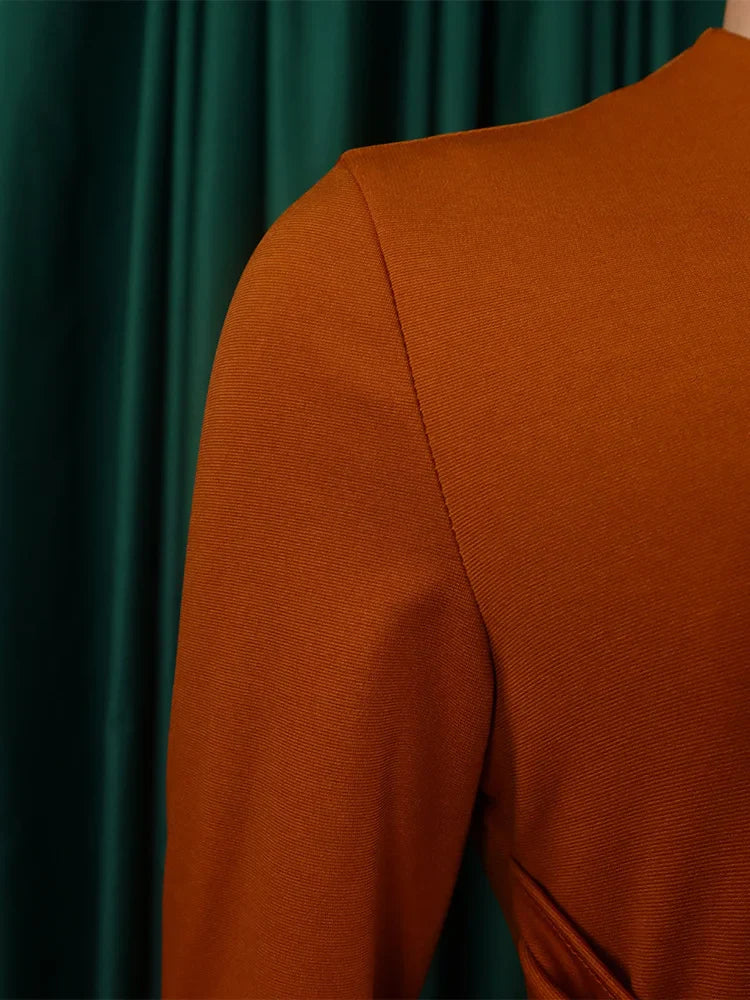 Close-up of the stunning half high collar and knee-length cut of the Wmstar Plus Size Women's Party Dress, perfect for sophisticated events.