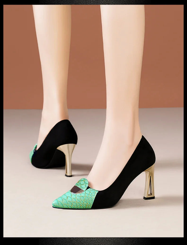 Exquisite high heel shoes crafted for women, showcasing a minimalist style and elegance with a pointed toe in rich suede.