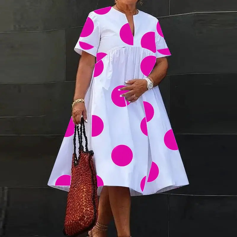 Full view of VONDA 5XL Polka Dot Maxi Dress, highlighting its mid-calf length and relaxed fit, perfect for beach outings, parties, or casual streetwear.