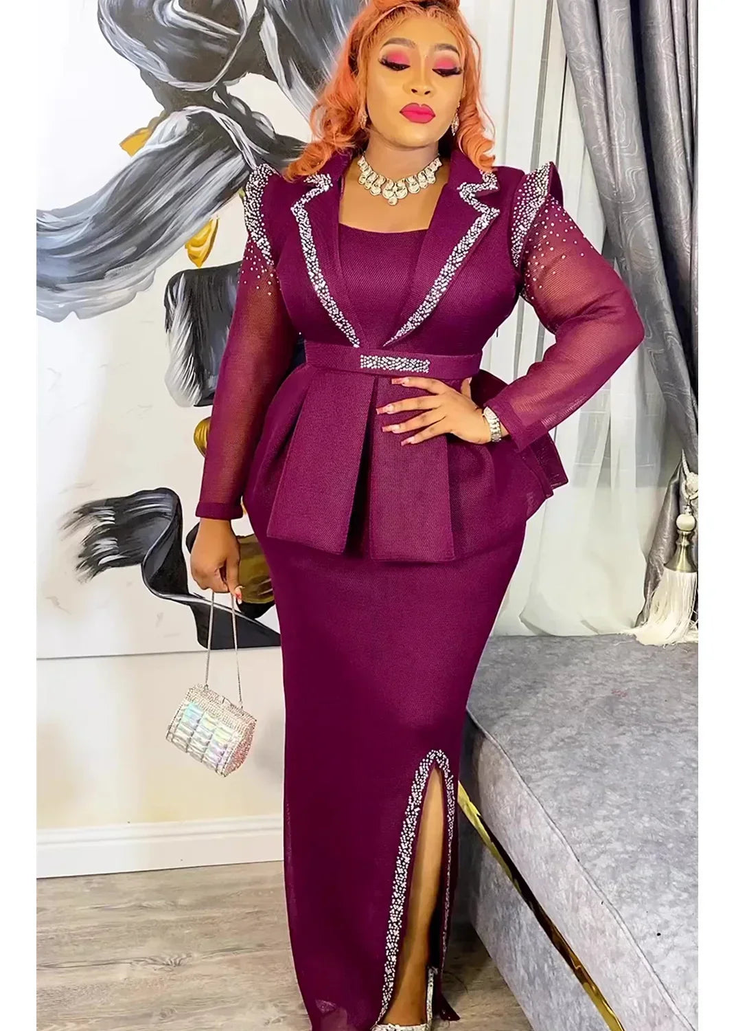 Stylish long Dashiki robe for women, elegantly designed for parties, exuding cultural heritage and contemporary style.