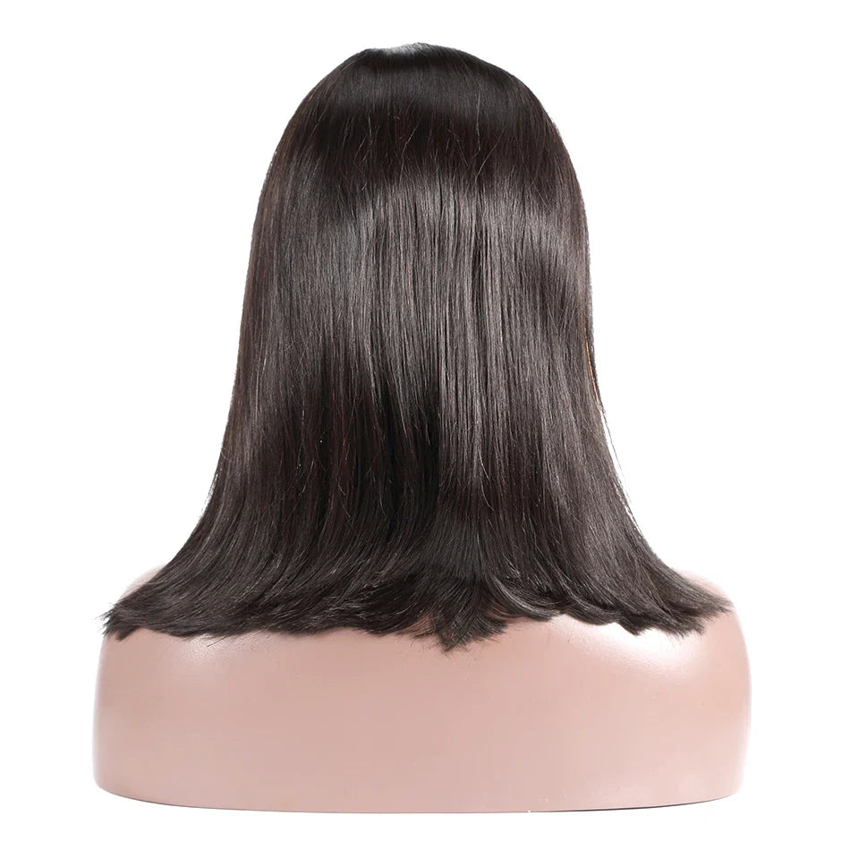 Elegant short straight wig styled for modern beauty, featuring 13x4 lace for enhanced styling options, made from high-quality Brazilian hair.