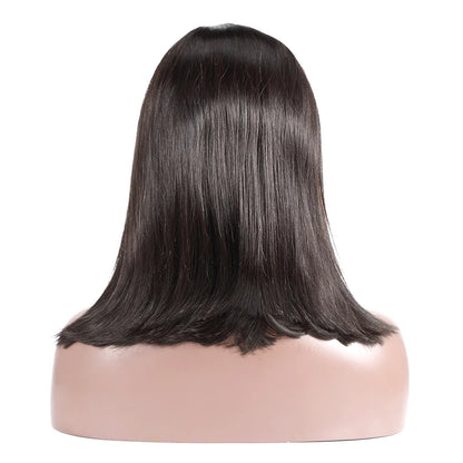 Elegant short straight wig styled for modern beauty, featuring 13x4 lace for enhanced styling options, made from high-quality Brazilian hair.