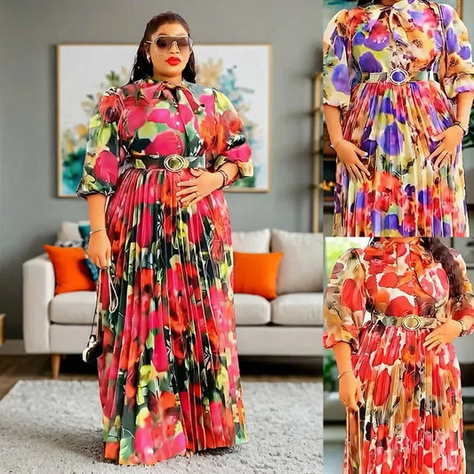Elegant plus size African print maxi dress featuring intricate patterns and 3/4 sleeves, perfect for evening party wear.