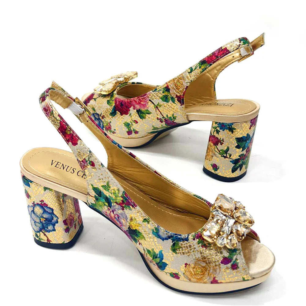 Matching set of Venus Chan gold sandals and bag, highlighting luxurious craftsmanship and chic aesthetics suitable for summer and autumn styling.