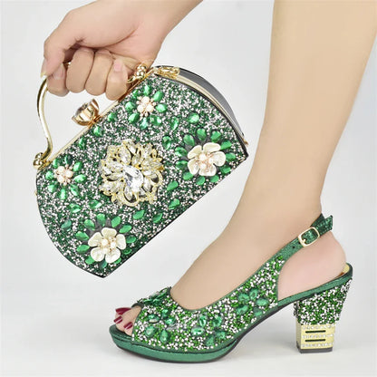Stylish women’s matching bag set featuring Italian design with rhinestones, complements the elegant peep toe shoes for a fashionable look.