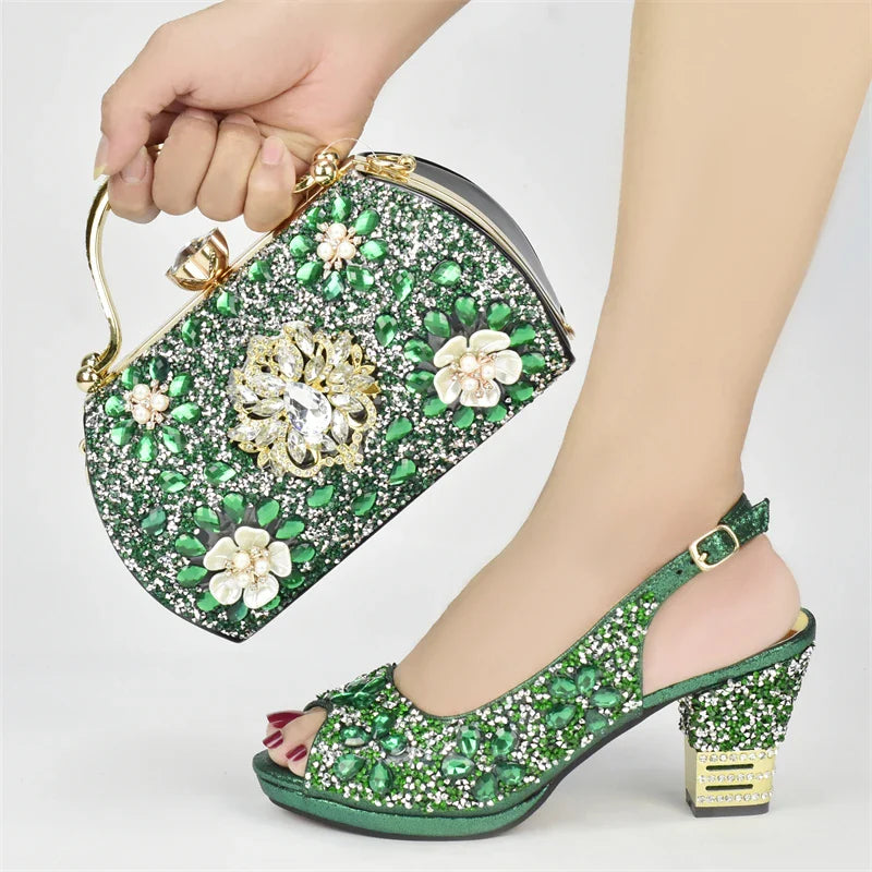 Exquisite matching handbag accompanying elegant purple women's wedding shoes, designed with rhinestones for added glamour.