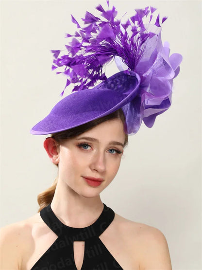 Chic purple fascinator hat displayed at an outdoor wedding, epitomizing sophistication and grace for tea parties and church gatherings.