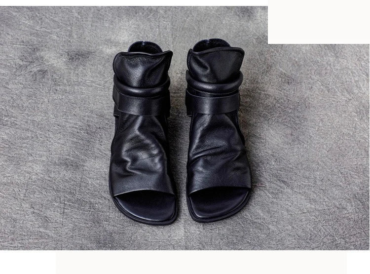 Birkuir Luxury Genuine Leather Pleated Sandals for Women, Open Toe Casual Flats with Hook & Loop Closure.