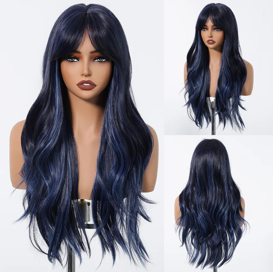 Exquisite black and red synthetic wig, designed for high-temperature resistance, emphasising both quality and fashion-forward appeal.