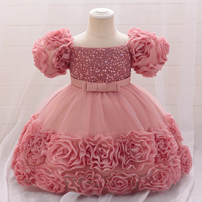 Elegant girls 3D floral party princess dress in tulle, perfect for ages 4-10, ideal for birthdays and weddings, featuring intricate floral appliques in a stunning ball gown silhouette.