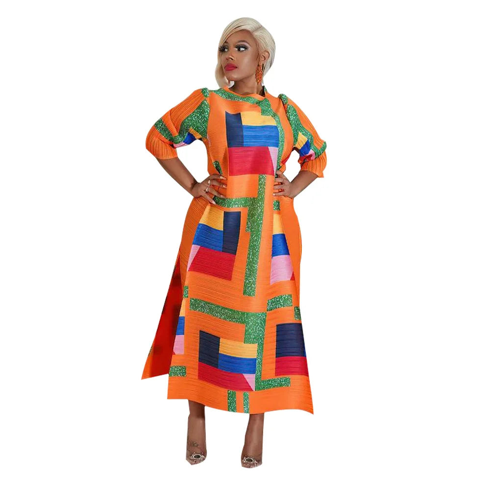 Stylish display of the Elegant Plus Size Dress with 3/4 sleeves worn by a model, highlighting the vibrant colours and flattering silhouette.