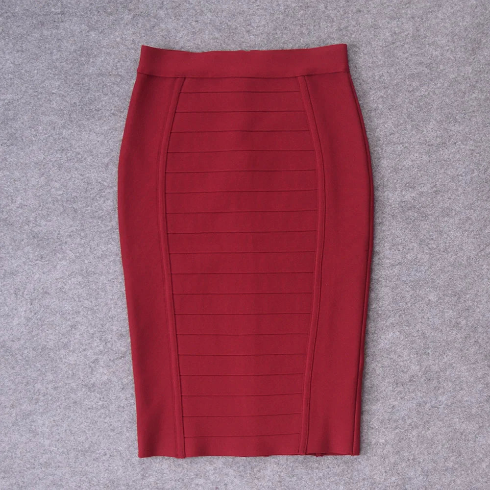 Close-up detail of HQBORY Women’s High Waist Nude Bandage Pencil Skirt revealing the luxurious bandage construction and fine knitting texture, perfect for sophisticated office attire.