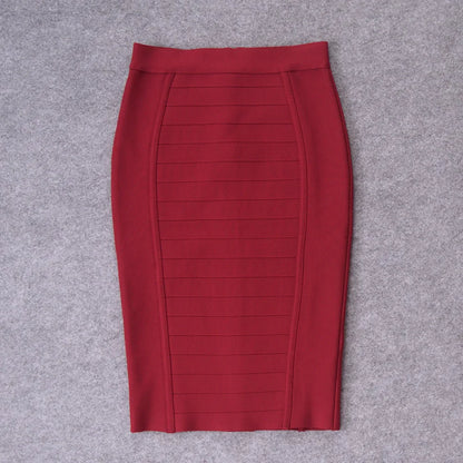 Close-up detail of HQBORY Women’s High Waist Nude Bandage Pencil Skirt revealing the luxurious bandage construction and fine knitting texture, perfect for sophisticated office attire.