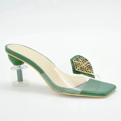 Chic rhinestone embellished heels, ideal for enhancing evening wear, designed for women seeking elegant footwear in sizes 37-43.