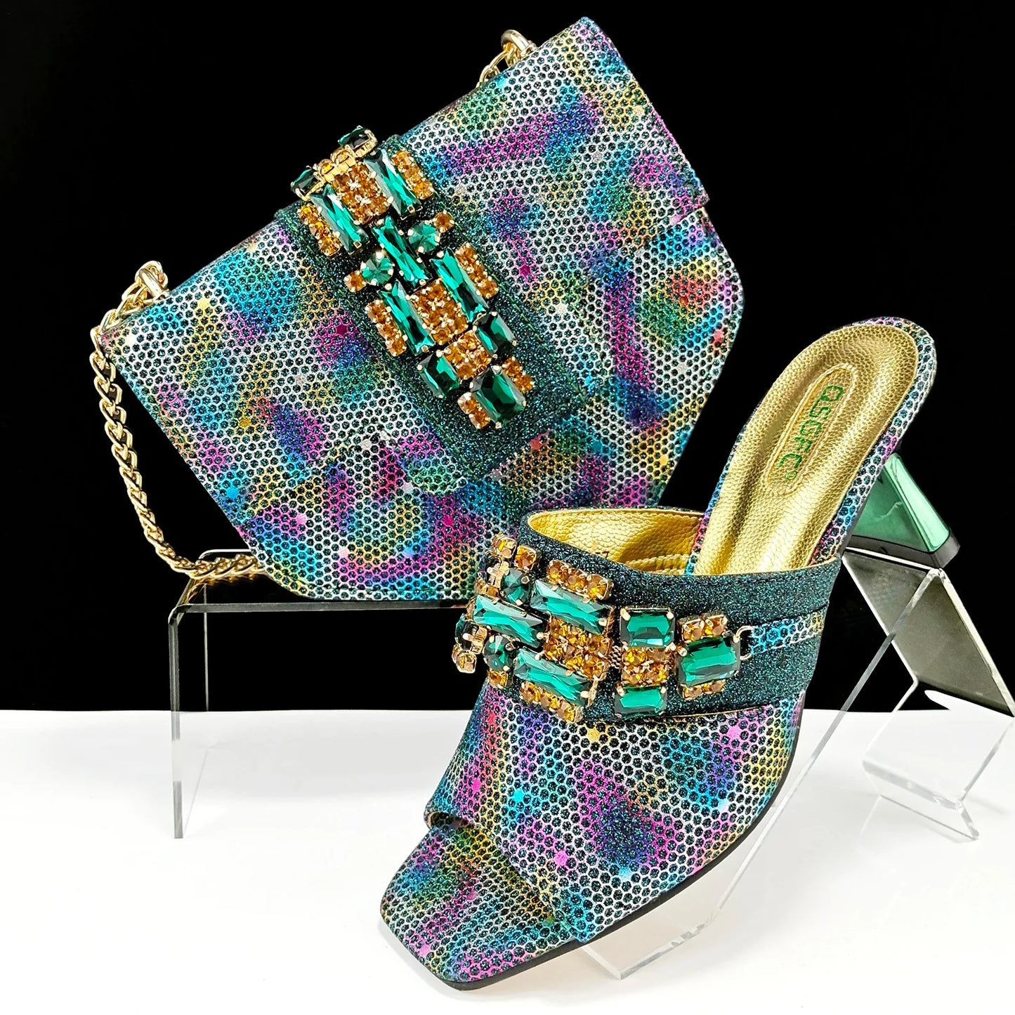 Close-up of the luxurious QSGFC gold Italian high heel pumps, highlighting the elegant crystal embellishments and unique square toe design.