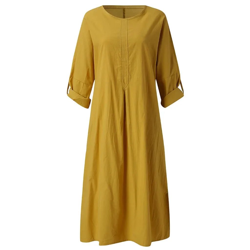 Elegant plus size women's long sleeve solid O-neck summer maxi dress with pockets in A-line silhouette, perfect for casual outings.
