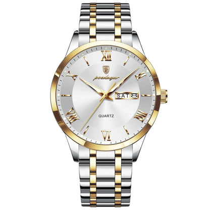 Luxury men's quartz wristwatch with luminous hands, stainless steel band, and Roman numeral display, perfect for sports and formal occasions.