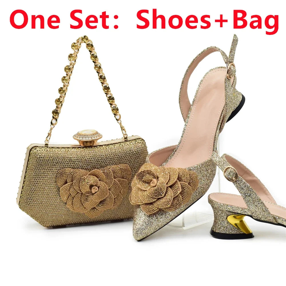 Stylish high heel slingback shoes from the elegant ladies rhinestone collection, showcased with a complementary handbag for a complete party look.