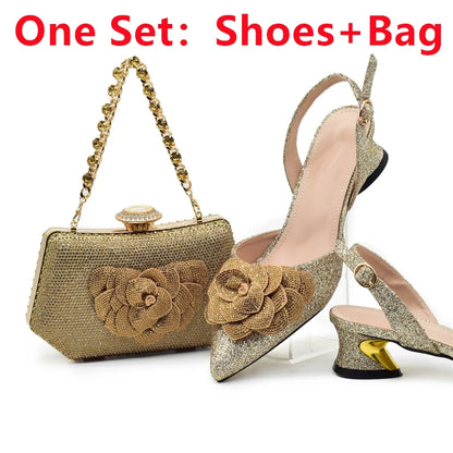 Stylish high heel slingback shoes from the elegant ladies rhinestone collection, showcased with a complementary handbag for a complete party look.