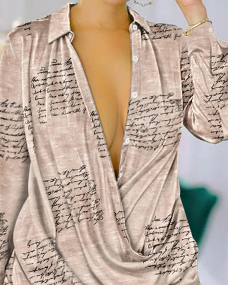 Elegant women's loose fit deep V-neck blouse featuring a stylish floral print, perfect for a refreshing spring or summer look.