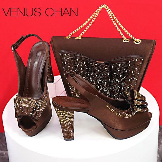 Elegant coffee luxury pointed toe slingback sandals for women, paired with a stylish matching bag set, ideal for upscale parties.