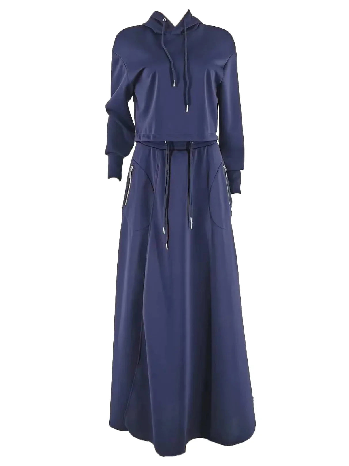 CM.YAYA luxury women's two-piece set featuring a long sleeve hooded sweatshirt and an elegant A-line maxi skirt, perfect for autumn and winter styling.