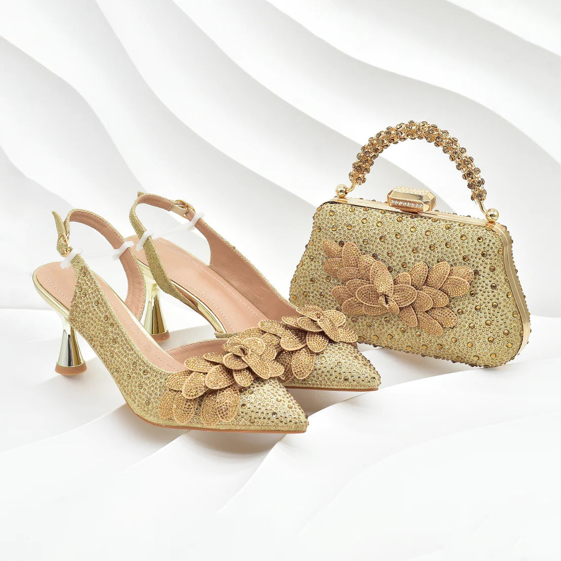Glamorous women's shoe and bag set featuring super high spike heels and intricate crystal detailing, ideal for adding a touch of elegance to any ensemble.