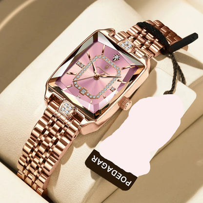 Stylish rectangle ladies watch with a hardlex dial window, perfect for casual and fashion occasions, exuding luxury.